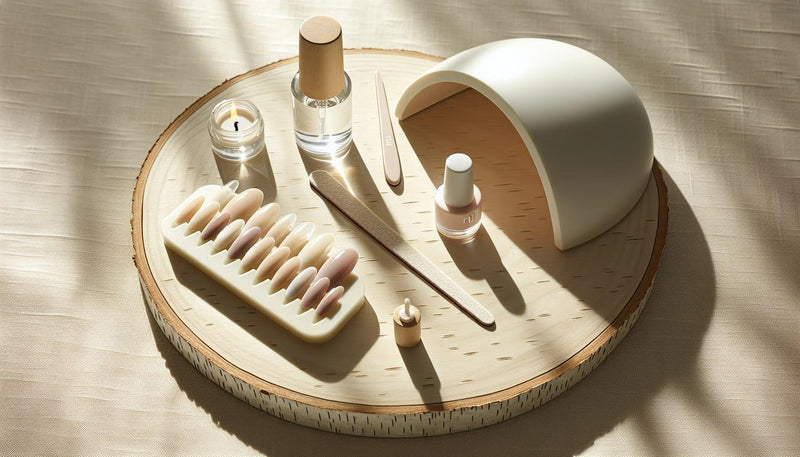 Alternativen zu Gelnägeln: minimalistisches Arrangement auf hellem Birkenholz mit Soft‑Gel‑Tips, offenem Dip‑Puder, UV/LED‑Lampe, Nagelöl und Feilen in hellem Tageslicht
