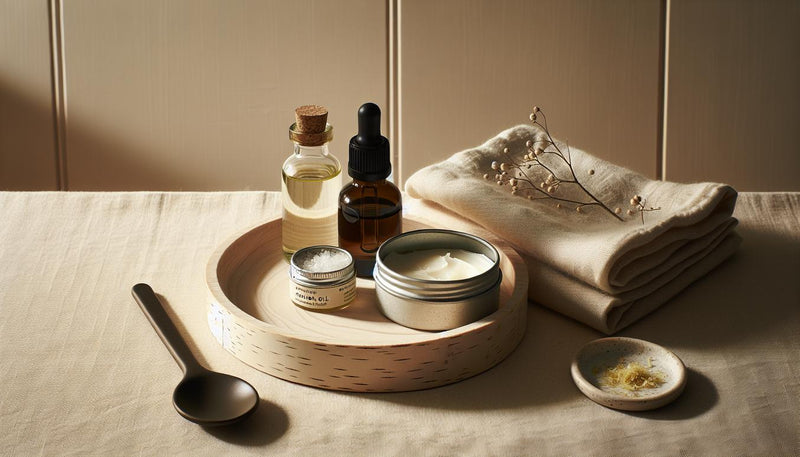 Minimalistischer Holzteller mit drei Glasflaschen (Jojoba, Mandel, Rizinus), Dose mit Pflegebalsam und Baumwolltuch als alternativen zu nagelöl in heller, ruhiger Szene.