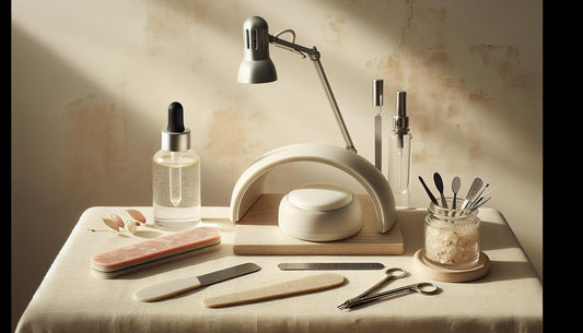 Aufgeräumter Maniküre‑Arbeitsplatz mit UV/LED‑Lampe, Nagelfeilen, Dehydrator‑Fläschchen, Nagelöl und Tips auf hellem Holz – Alternativen zum Nagelstudio
