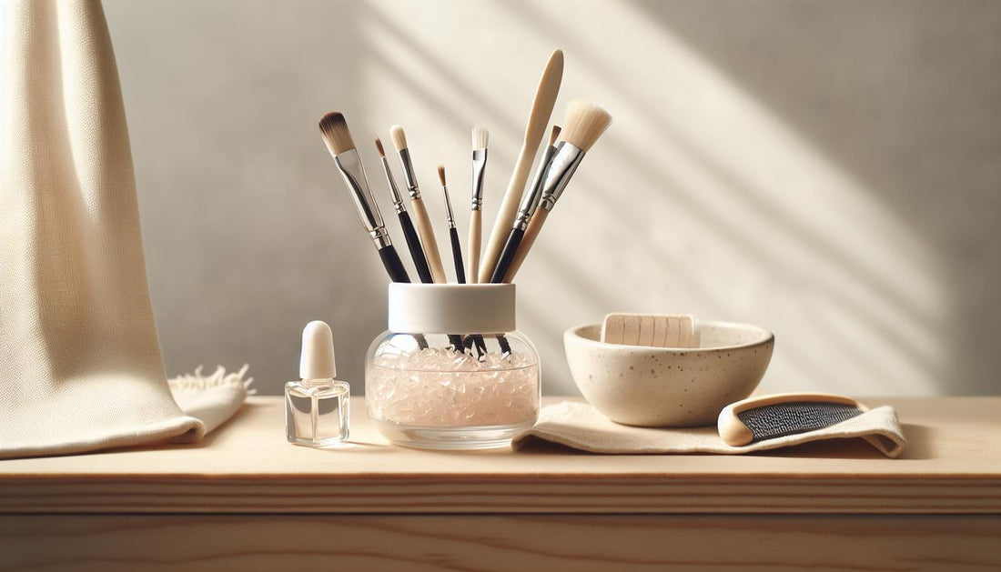 Aufgeräumte Nahaufnahme eines DIY-Nageltisches mit offenem Starterkit, Feilen, Nagelhautöl und Pinsel auf hellem Holz, dezente Blüten – Alternativen zum Nagelstudio