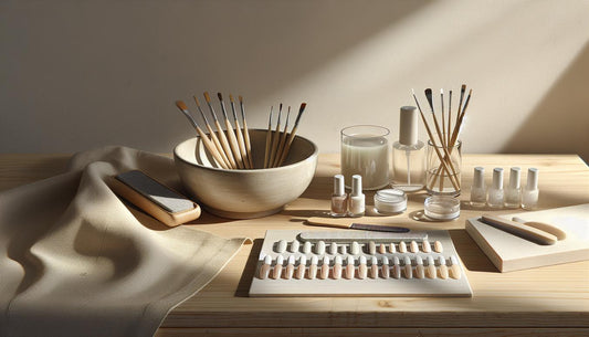 Heller Holztisch mit sauber arrangierten Nageltools und fertigen Nail‑Samples auf Display‑Karten, minimalistisch in warmen Naturtönen mit Pink‑ und Schwarzakzenten – Alternativen zum Nagelstudio