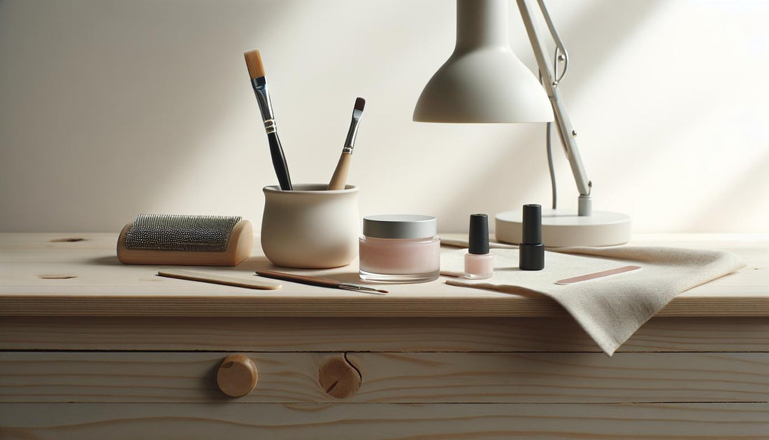 Nahaufnahme offener Aufbaugel-Töpfchen, Nailart-Pinsel, Feile und Lampe auf hellem Birkenholz im minimalistischen Studio mit natürlichem Licht