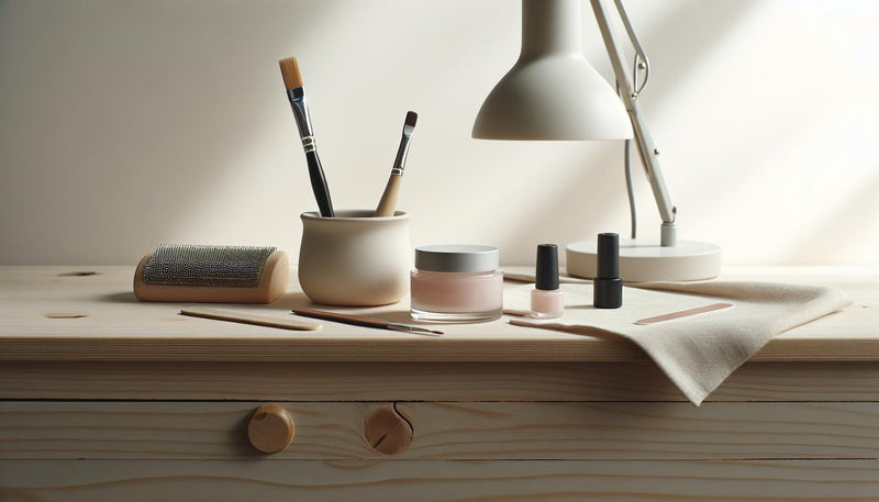 Nahaufnahme offener Aufbaugel-Töpfchen, Nailart-Pinsel, Feile und Lampe auf hellem Birkenholz im minimalistischen Studio mit natürlichem Licht