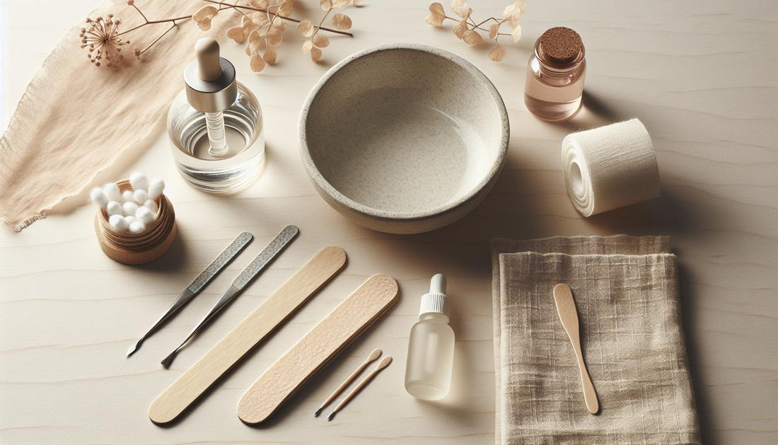 Aufgeräumter Nagel-Arbeitstisch mit Feilen, Wattepads, Aceton, Alufolie, Schüssel mit lauwarmem Wasser und Nagelöl – Anleitung zum aufgeklebte Kunstnägel entfernen.