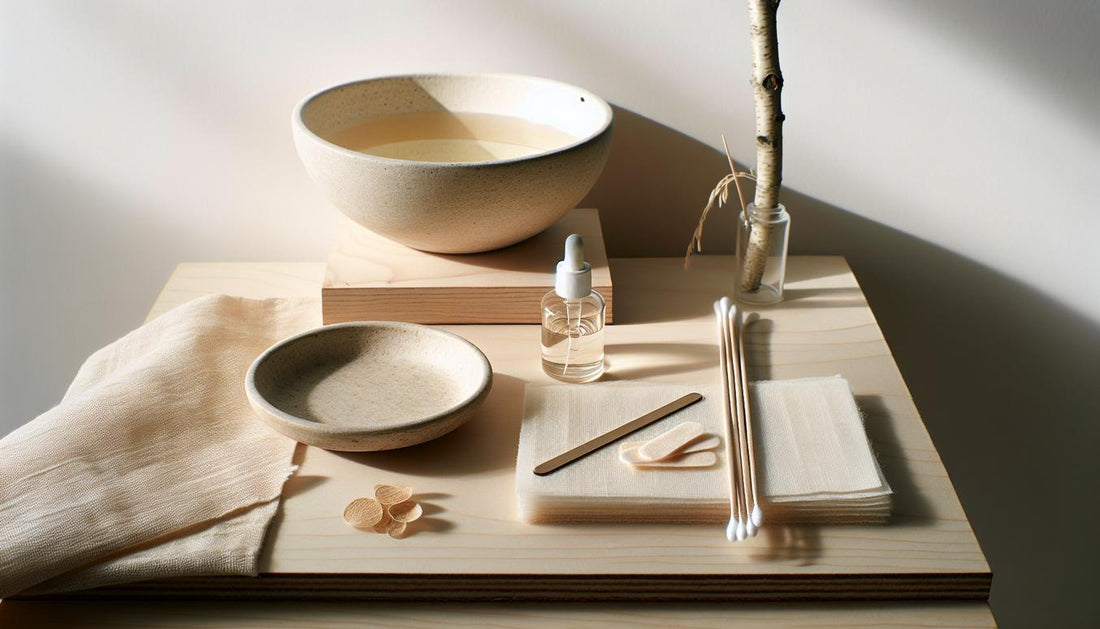 Nahaufnahme aufgeräumter Arbeitsplatz zum Entfernen von aufgeklebten Nägeln mit Schale warmem Öl, Wattepads, Alufolie, unlabeled Acetonfläschchen, Holzstäbchen und Handschuhen, hell-minimalistisch.