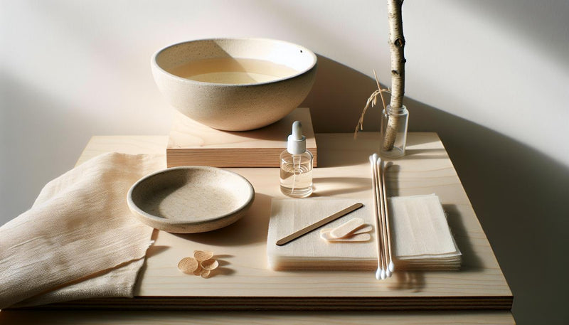Nahaufnahme aufgeräumter Arbeitsplatz zum Entfernen von aufgeklebten Nägeln mit Schale warmem Öl, Wattepads, Alufolie, unlabeled Acetonfläschchen, Holzstäbchen und Handschuhen, hell-minimalistisch.