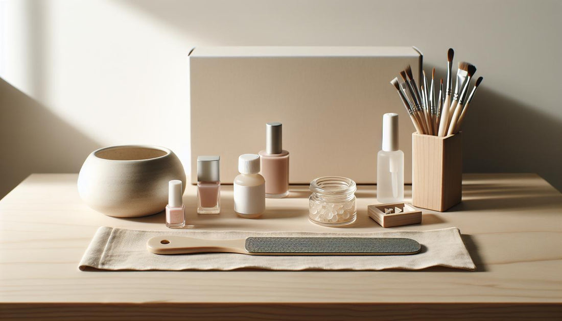 Heller, minimalistischer Maniküre-Arbeitsplatz mit offener, neutraler Starterbox und Tools, dezente pinke Akzente, vorbereitet für aufgeklebte nägel.