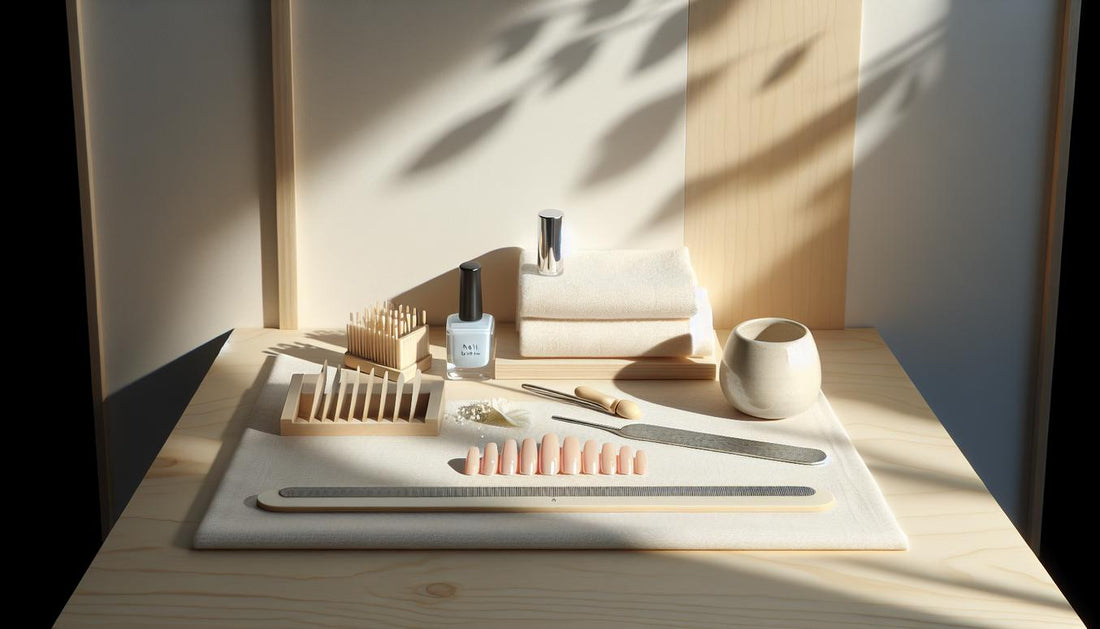 Minimalistische Nagel-Station mit lose aufgelegten Naturnagel-Tips und sehr dezentem babyblaue Nägel Schimmer, Handunterlage, Feile, Base Coat-Fläschchen auf hellem Holz