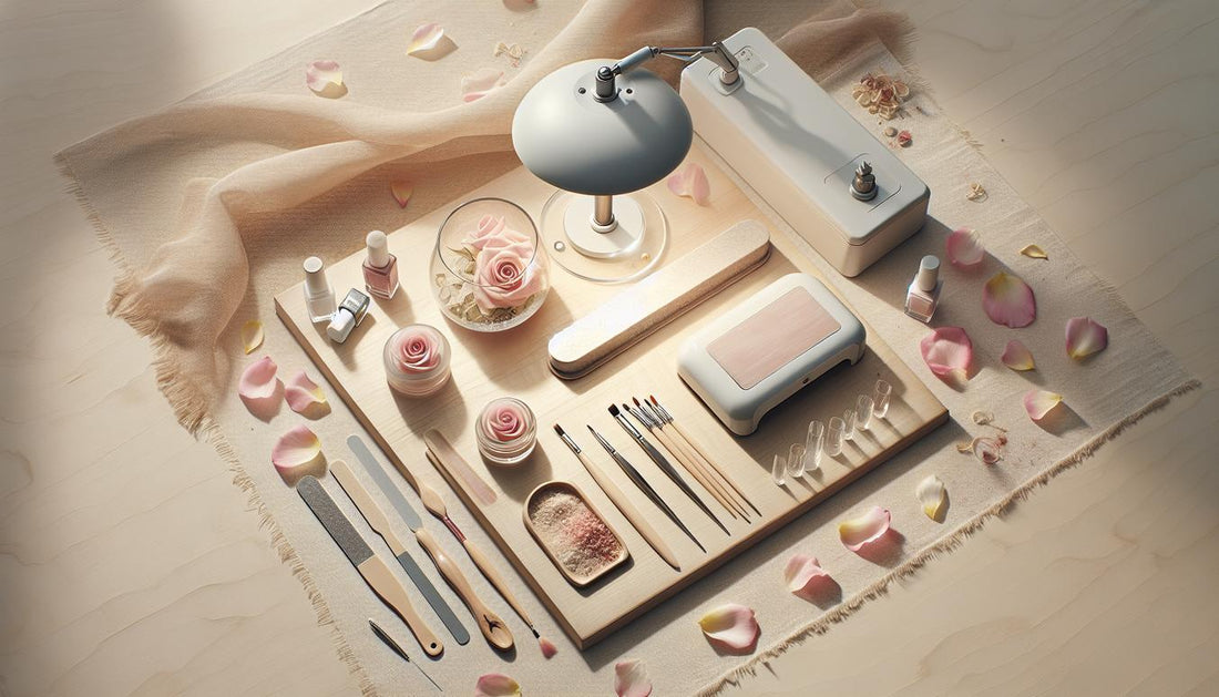 Luftiges Flatlay mit Nageltools und fertiger Ballerina-Gelprobe auf Keramikständer, LED-Lampe, Feilen, Glas mit Rosenblättern – ballerina gelnägel