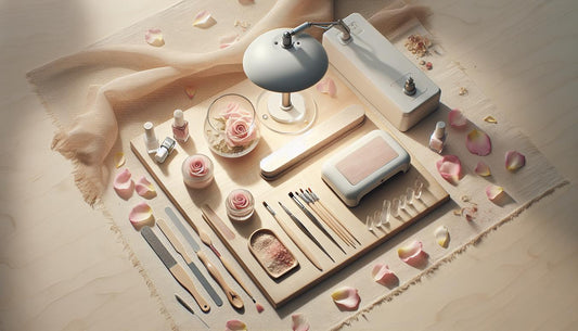 Luftiges Flatlay mit Nageltools und fertiger Ballerina-Gelprobe auf Keramikständer, LED-Lampe, Feilen, Glas mit Rosenblättern – ballerina gelnägel