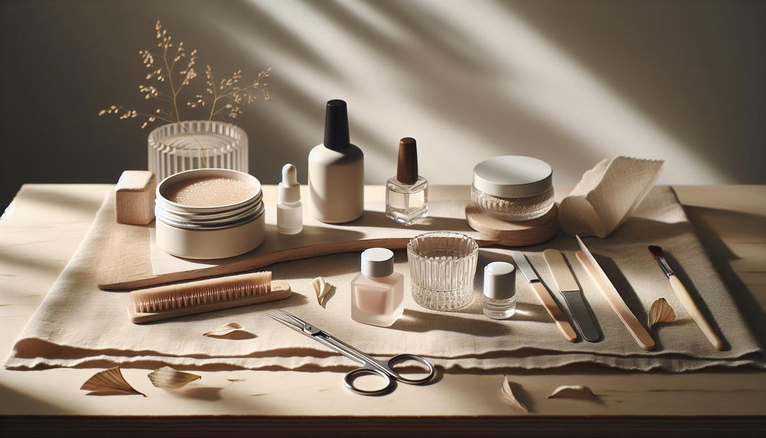 Nahaufnahme einer aufgeräumten Nail-Workstation mit offenem UV-Gel, Gel-Liner, Matt-Topcoat, Pinsel, Feilen und kleinem Glas Nagelöl für ballerina gelnägel.