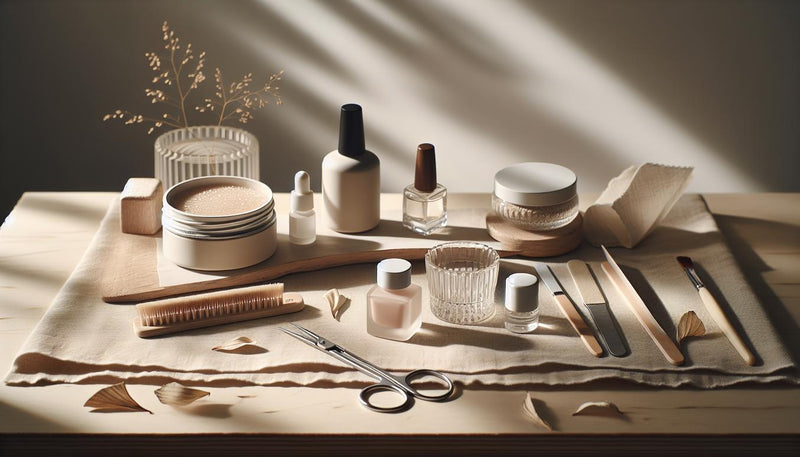 Nahaufnahme einer aufgeräumten Nail-Workstation mit offenem UV-Gel, Gel-Liner, Matt-Topcoat, Pinsel, Feilen und kleinem Glas Nagelöl für ballerina gelnägel.