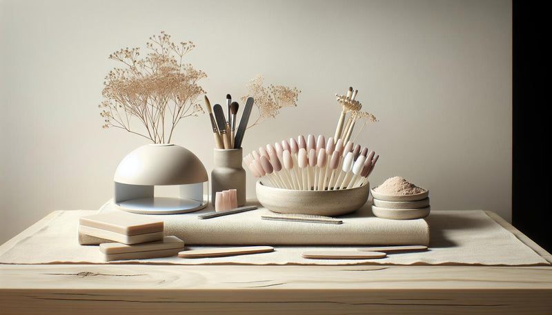 Minimalistische Workspace mit Ballerina nägel 2025 (Press‑on‑Nägel auf Keramikschale), UV‑Lampe, Feilen und Pinseln auf hellem Holz, zarte rosa Akzente