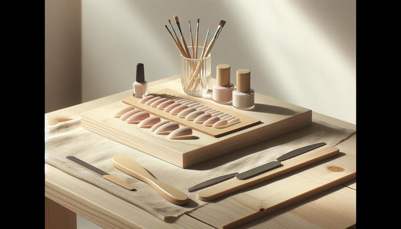 Nahaufnahme eines stilvollen Nageltisches mit Ballerina Nageldesign-Tips in Pastellfarben, Mirror-Chrome-Puder, Pinsel und kleinen Glasfläschchen auf hellem Leinen.