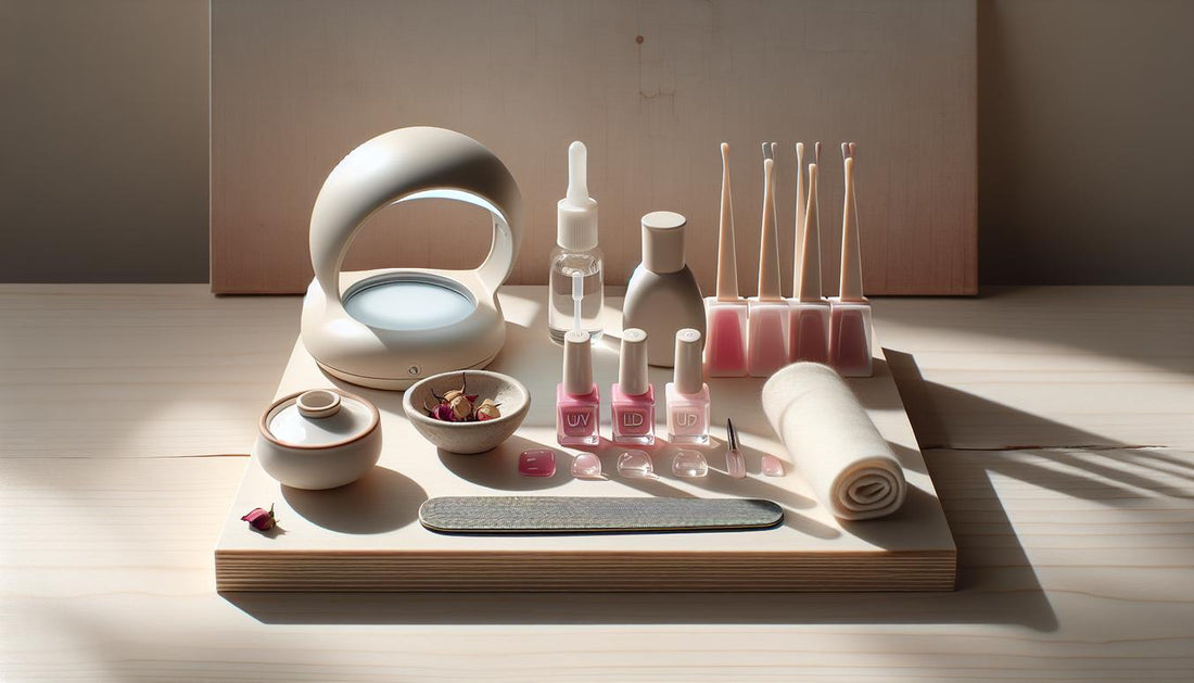 GellyNails‑Starterkit auf hellem Birkenholz mit offenen Rosatönen‑Gel‑Töpfen, LED‑UV‑Lämpchen, Nagelhautöl, Feile und weißem Baumwolltuch – bedeutung rosa nägel.