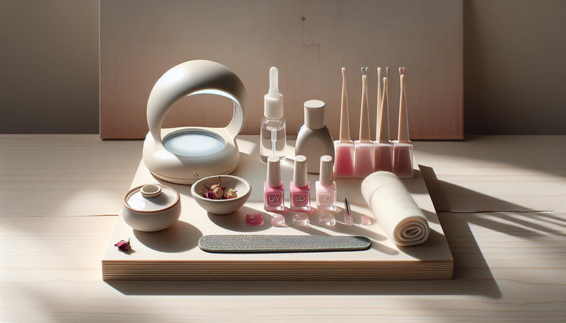 GellyNails‑Starterkit auf hellem Birkenholz mit offenen Rosatönen‑Gel‑Töpfen, LED‑UV‑Lämpchen, Nagelhautöl, Feile und weißem Baumwolltuch – bedeutung rosa nägel.