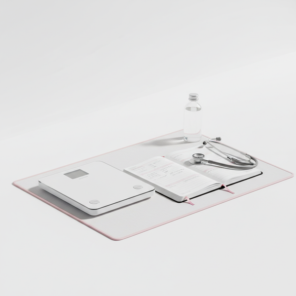 Minimalistisches Still-Life auf weißem Nachttisch mit Waage, Gesundheitsjournal, Stethoskop und Glas Wasser, dezente NailX-Akzente – Kontext: beginnende Herzschwäche