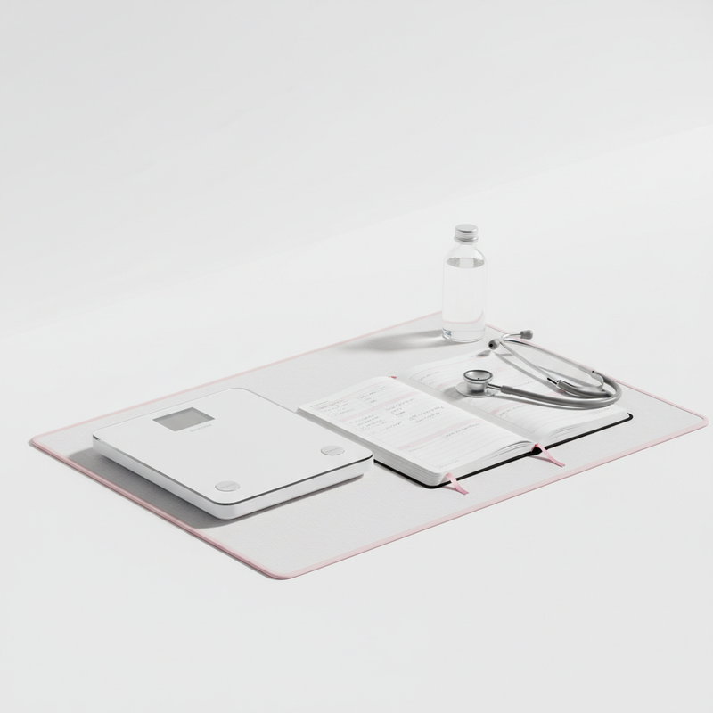 Minimalistisches Still-Life auf weißem Nachttisch mit Waage, Gesundheitsjournal, Stethoskop und Glas Wasser, dezente NailX-Akzente – Kontext: beginnende Herzschwäche