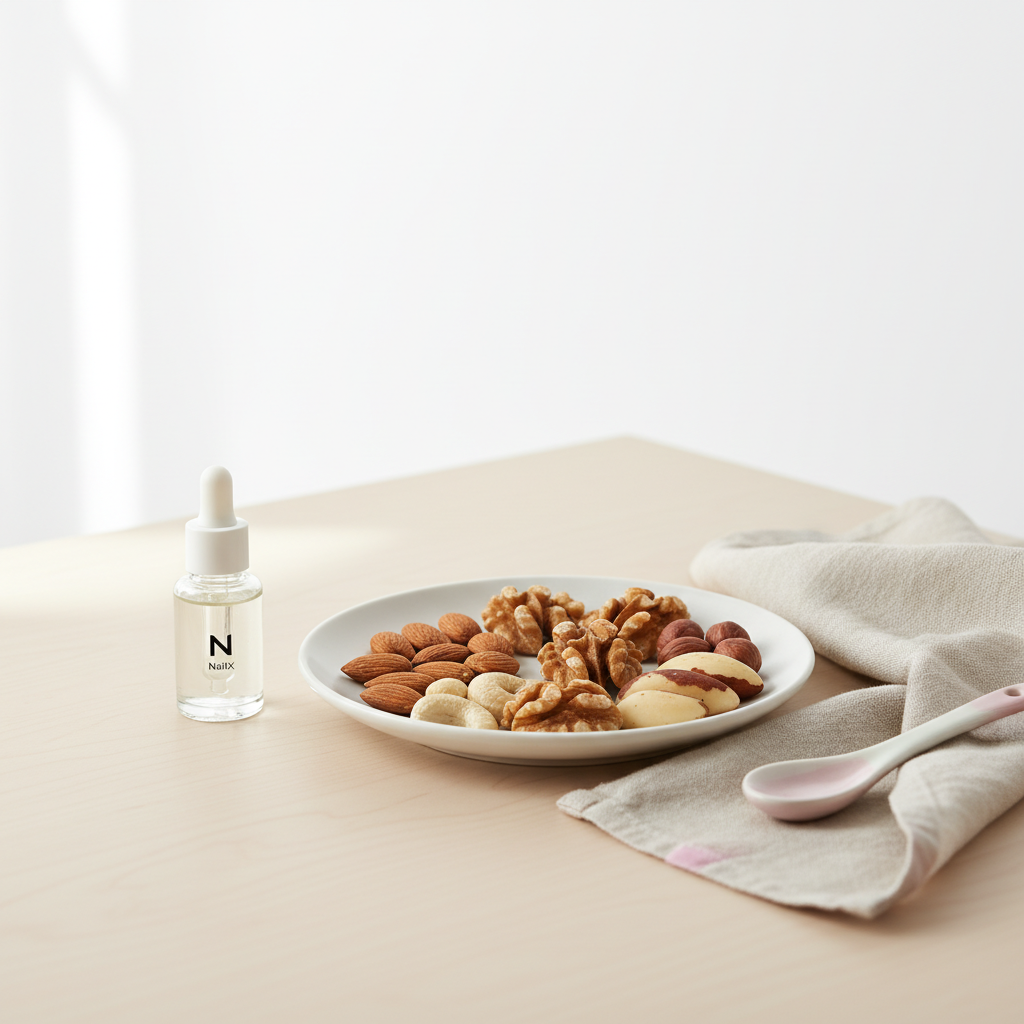 Beste Nüsse für Nägel: Weißer Keramikteller mit Mandeln, Walnüssen, Cashews, Haselnüssen und zwei Paranüssen neben einer kleinen Glasflasche NailX Nagelöl und neutraler Leinenserviette bei natürlichem Licht.