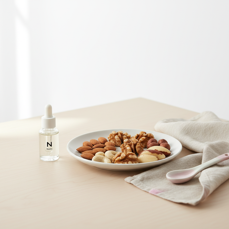 Beste Nüsse für Nägel: Weißer Keramikteller mit Mandeln, Walnüssen, Cashews, Haselnüssen und zwei Paranüssen neben einer kleinen Glasflasche NailX Nagelöl und neutraler Leinenserviette bei natürlichem Licht.