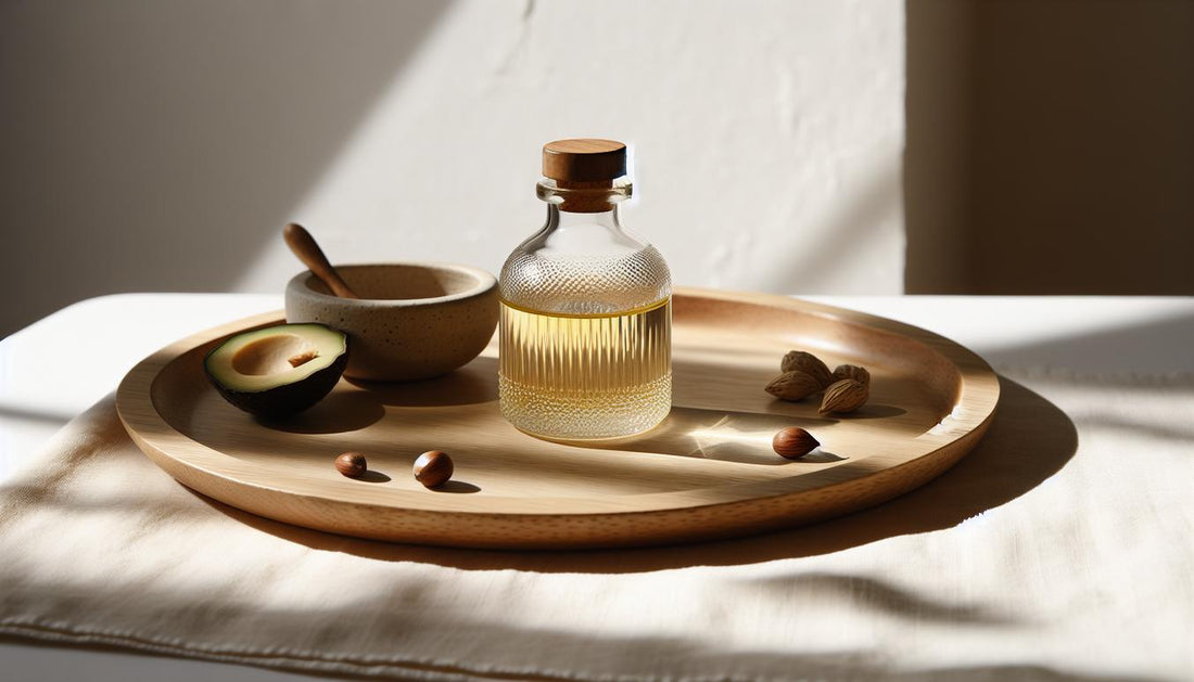 Nahaufnahme eines Glasfläschchens mit Nagelöl auf hellem Birkenholztablett, umgeben von Jojobasamen, Argan-Nüssen und Avocado-Scheibe – bestes nagelöl 2025