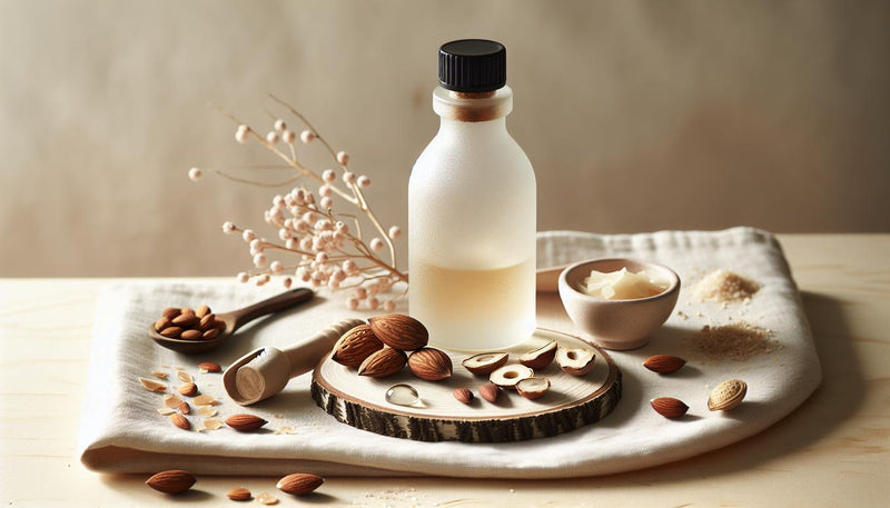 Nahaufnahme flacher Anordnung aus Jojoba-Samen, Mandeln und Arganfrüchten auf hellem Birkenholz mit offener Glasflasche Nagelöl – bestes nagelöl 2025