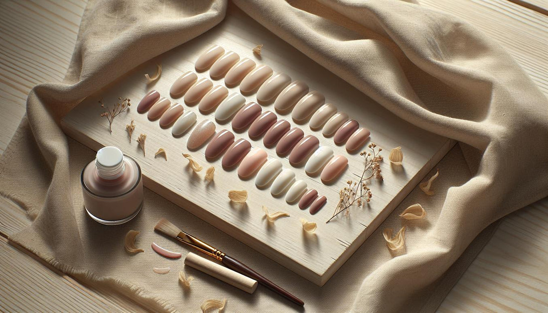 Press‑On‑Nägel auf hellem Birkenholz mit Nagelpflege‑Glas, dezenter Puderrest und rosa NailX‑Akzent in ruhiger Hygieneszenerie – blaue Nägel Ursachen