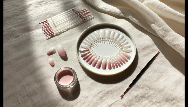 Fächer mit blushed nails-Press-on-Tips in zartem Rosé auf hellem Leinen, offener Glastiegel mit rosé Gel, feiner Pinsel und dezente Blütenblätter.