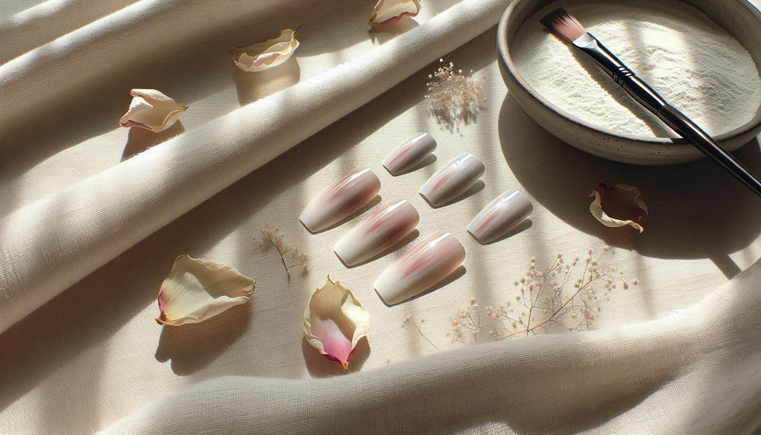 Vier blushed nails Press-on-Tipps auf beigem Leinen, zartes rosé-Ombré, zwei matt, zwei glossy, weiches Tageslicht von hinten‑links, dezente Puderreste und getrocknete Blüten.