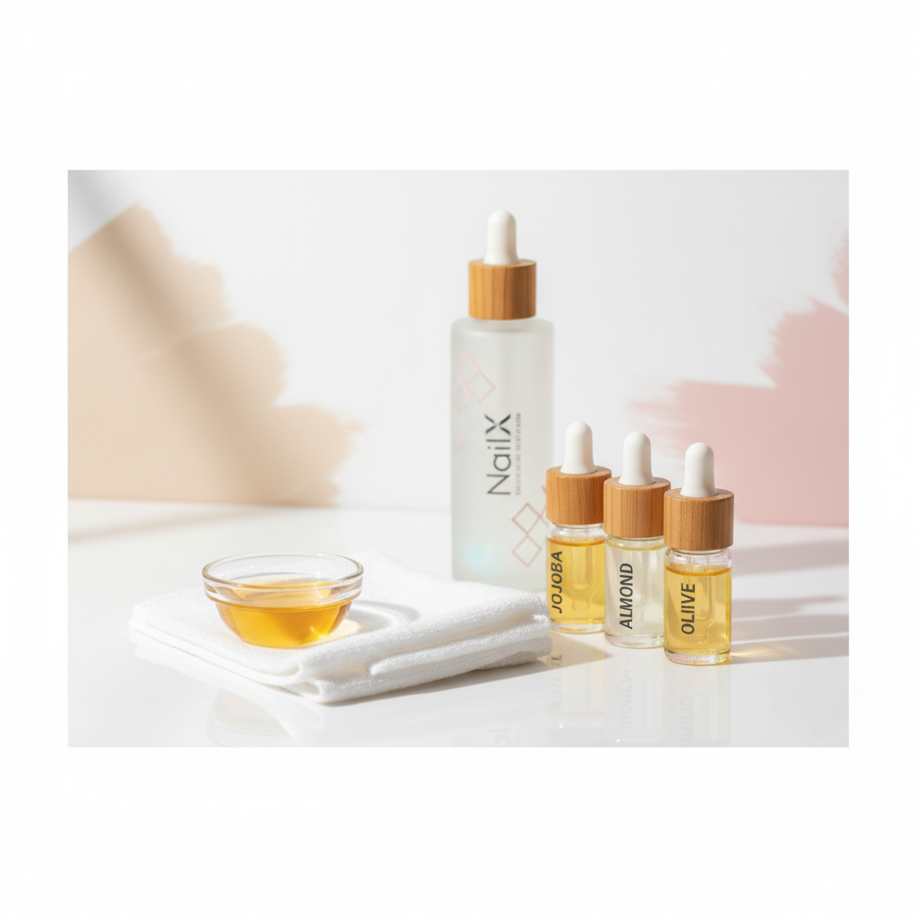 Stillleben mit NailX Nagelhautöl, Glas-Schälchen mit warmem Öl, Baumwolltuch und Jojoba-, Mandel- und Olivenöl als brüchige Fingernägel Hausmittel