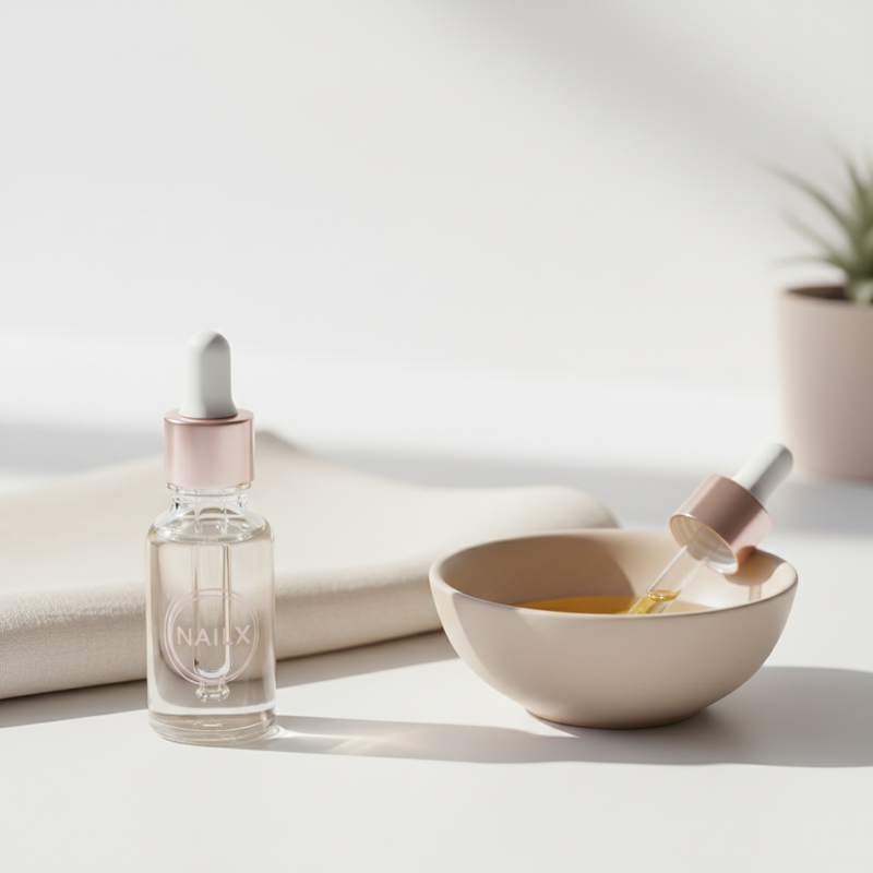 Nahaufnahme eines minimalistischen Waschtischs mit Glasfläschchen Nagelhautöl, Leinentuch und Keramikschale – sanfte Pflege gegen brüchige Fingernägel.