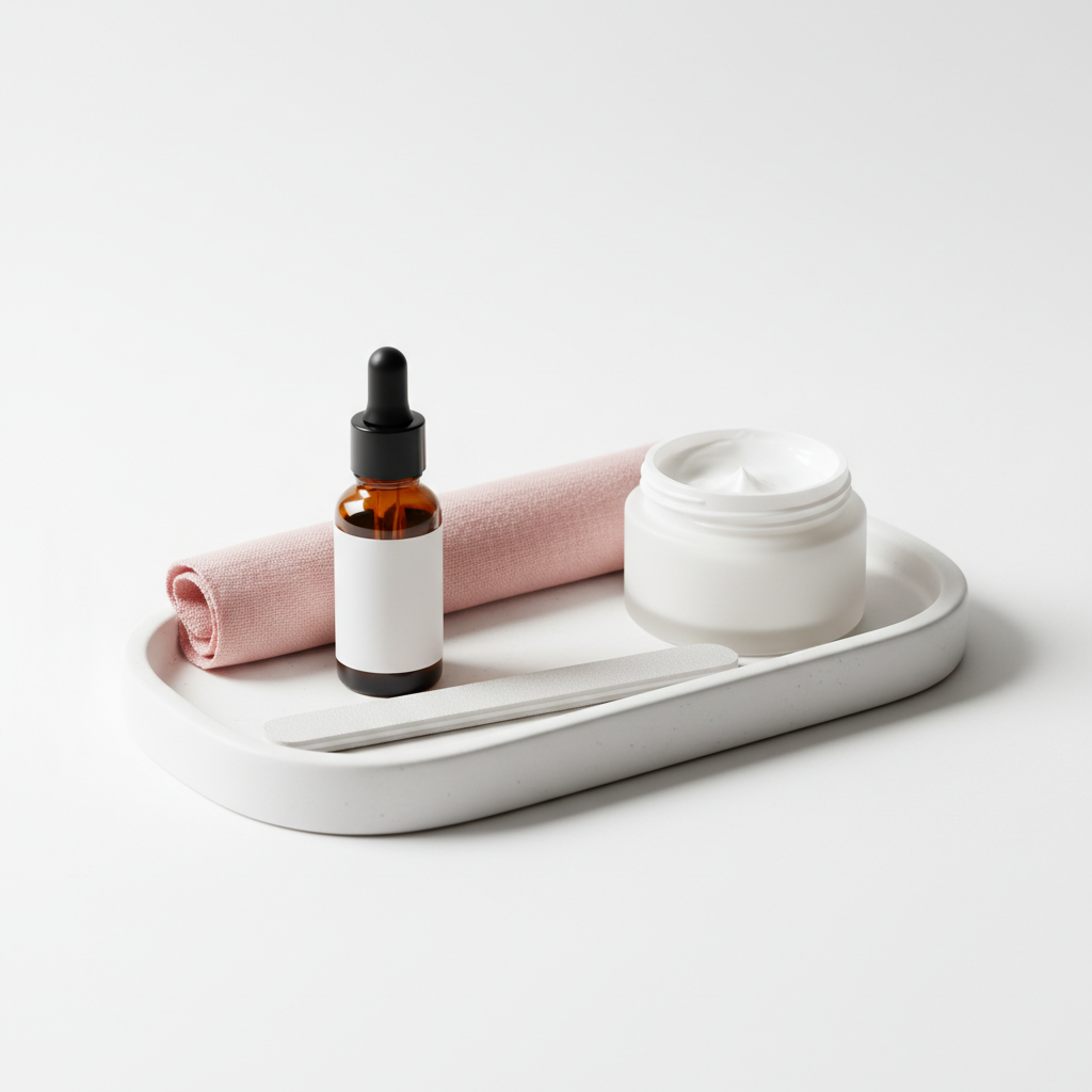 Minimalistisches Stillleben mit Nagelpflege auf weißem Tray: bernsteinflasche Nagelöl, rosafarbenes Tuch, Feile und Handcreme – Pflege gegen brüchige Fingernägel.