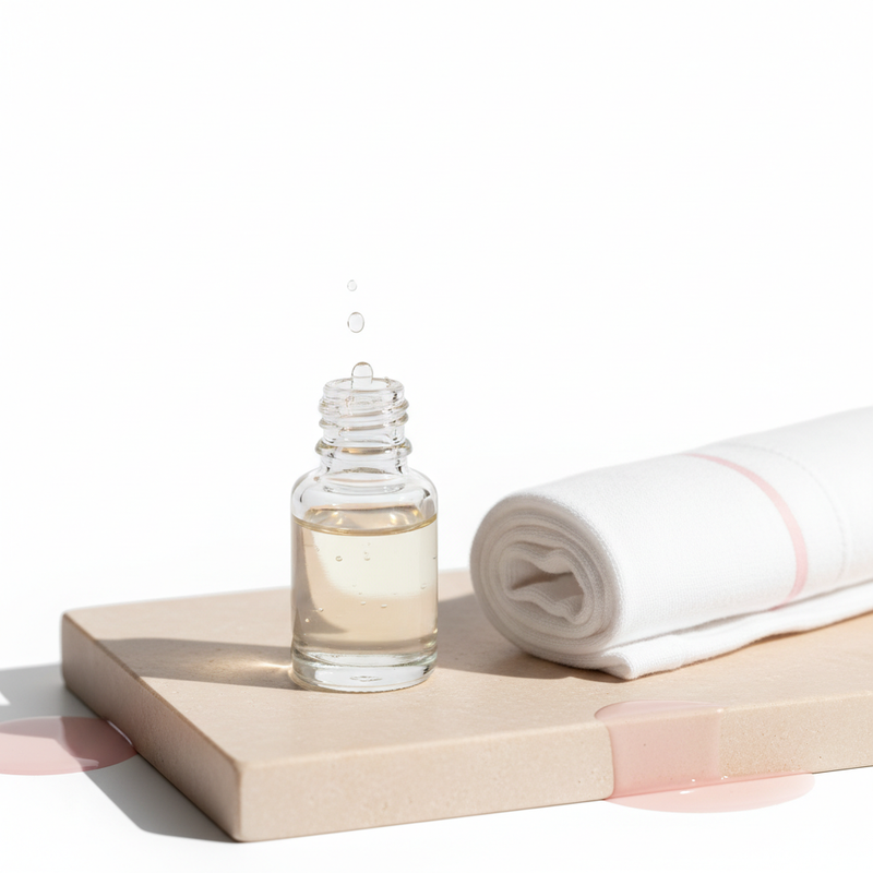 Offenes Glas Nagelöl neben weißer Baumwollhandschuh‑Halbrolle auf hellem Steinuntergrund in NailX Farben – brüchige Nägel behandeln.