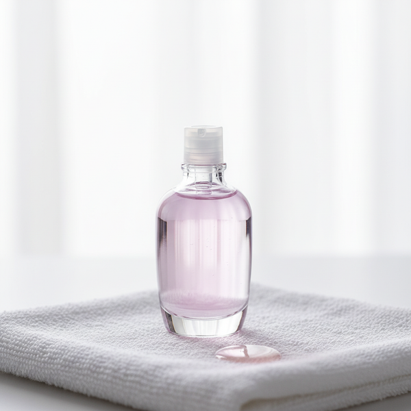 Nahaufnahme eines weißen Handtuchs mit eleganter Glasflasche Nagelpflegeöl auf pastelligem NailX-Hintergrund, passend zum Thema brüchige Nägel behandeln.