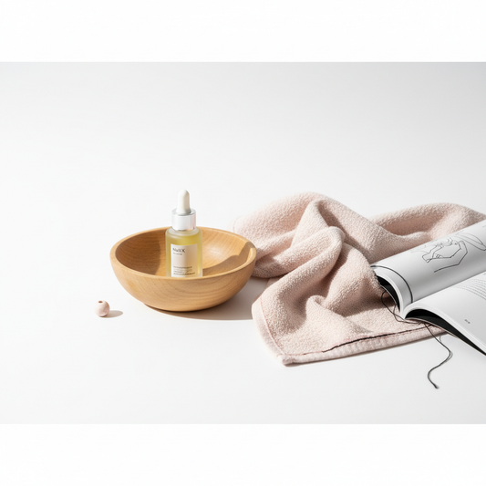 Minimalistisches Stillleben mit Nagelhautöl, offener Holzschale und pastellfarbenem Handtuch – ruhige Szene zum Thema brüchige Nägel behandeln