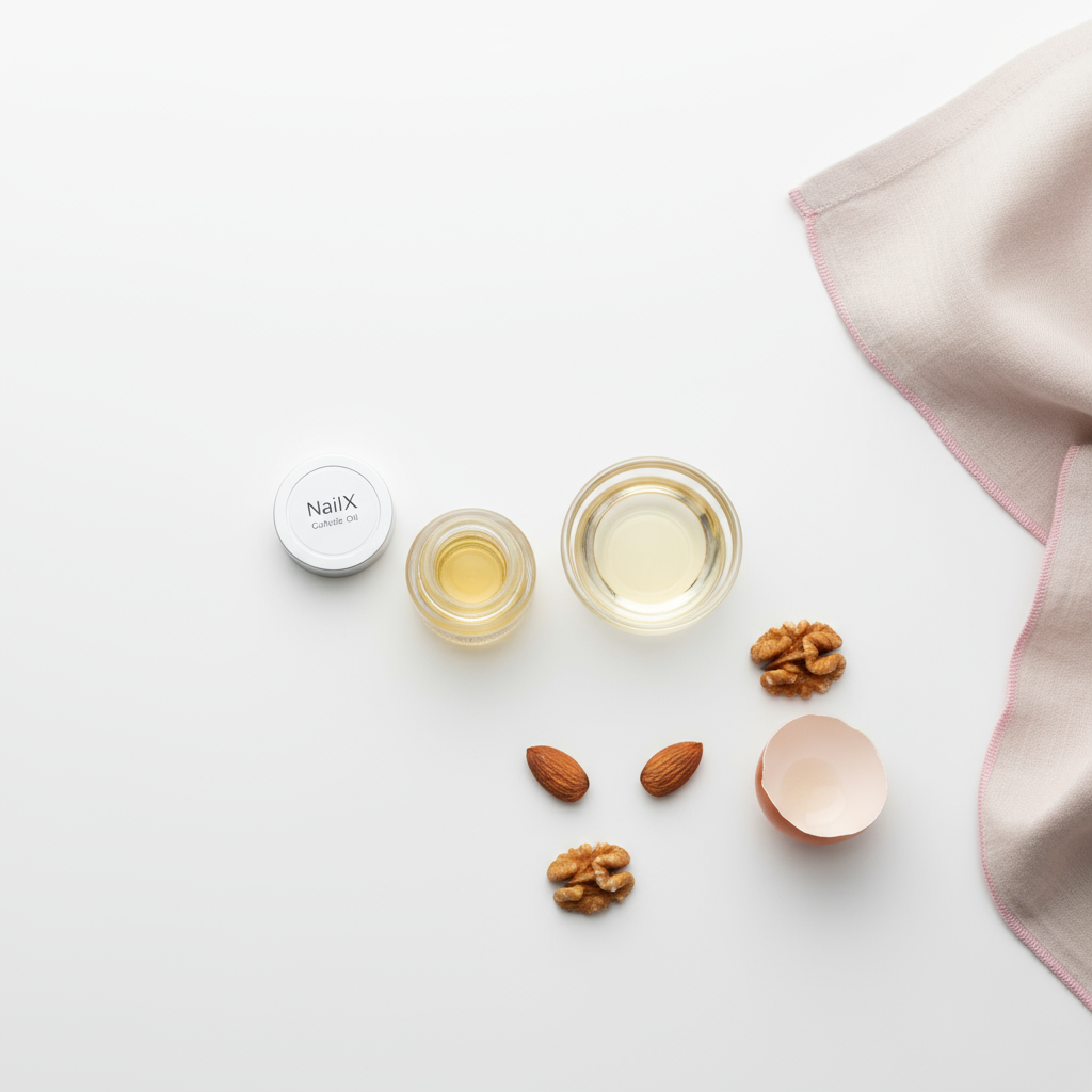 Nahaufnahme-Flatlay mit NailX Nagelhautöl, Glas-Schälchen mit Öl, pastellfarbenem Tuch, Nüssen und Eierschale als Hinweis auf Ernährung für brüchige Nägel.