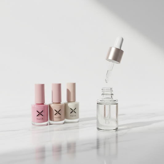 Nahaufnahme minimalistischer Badezimmerschrank mit Nagelpflege-Fläschchen und offener Glasflasche Nagelöl auf weißer Marmoroberfläche – Thema: brüchige Nägel durch Stress