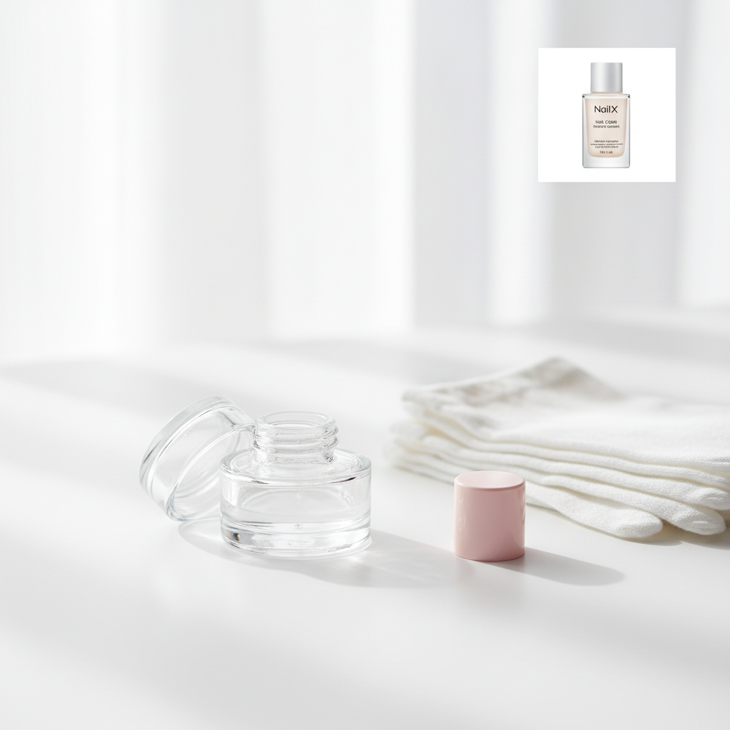 Stilllife mit NailX Nagelpflege-Serum-Referenz, transparentem Nagelöl-Tiegel, weißen Baumwollhandschuhen und pastellrosa Akzent – Thema brüchige Nägel Ernährung