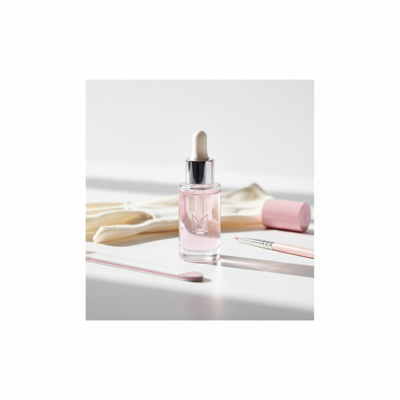 Minimalistische Nahaufnahme eines Vanity-Tisches mit NailX Nagelserum, Feile und Baumwollhandschuhen vor weißem Hintergrund – Pflege gegen brüchige Nägel im Alter.