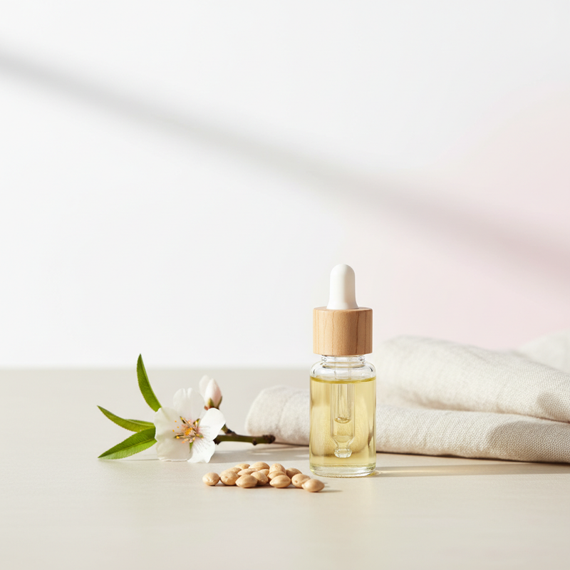 Minimalistisches Produktfoto: offenes Glasfläschchen Nagelhautöl auf hellem Tisch mit Jojobasamen, Mandelzweig und Leinenstoff, sanftes Morgenlicht – Pflege für brüchige Nägel.