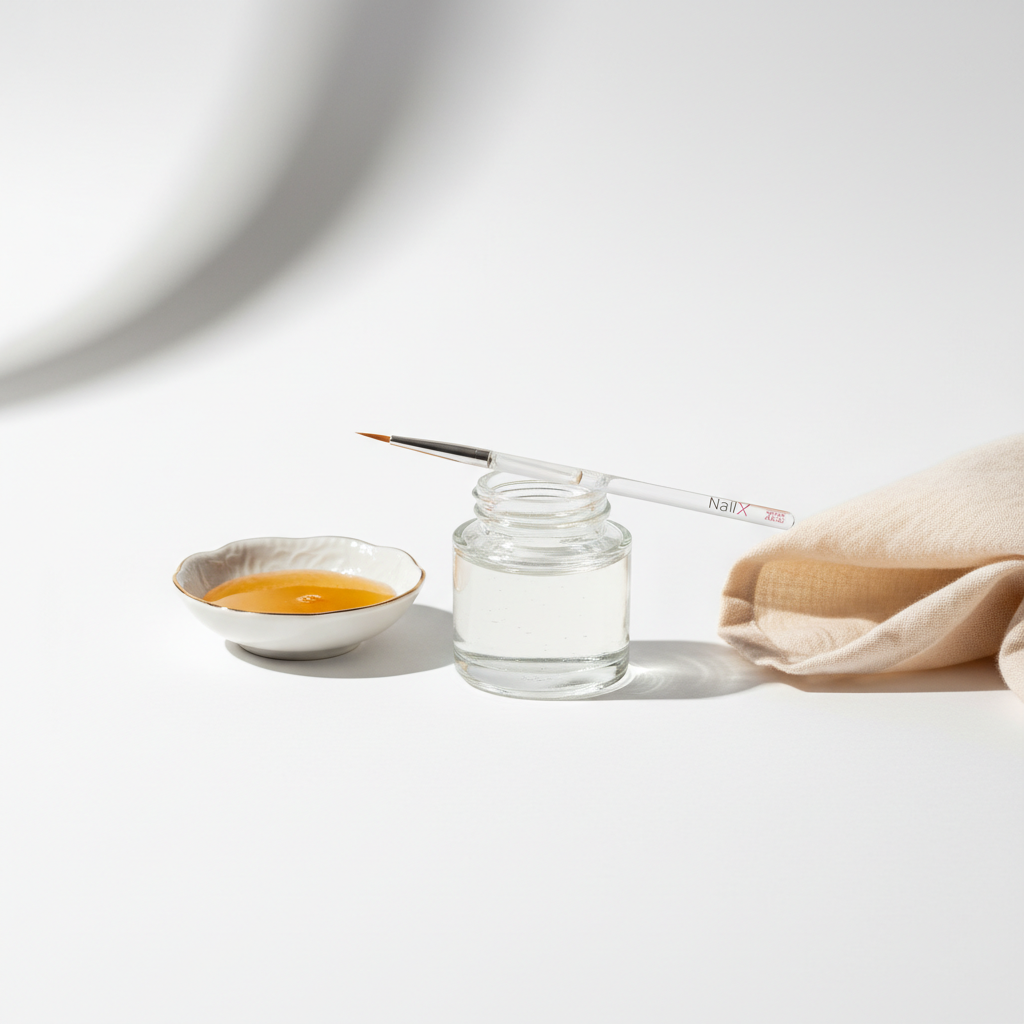 Minimalistisches Still‑Life mit offenem Cuticle Oil-Glas, Porzellanschale mit Honig, feinem Nagelölpinsel und gefaltetem Baumwolltuch auf weißem Untergrund – Gegen brüchige Nägel