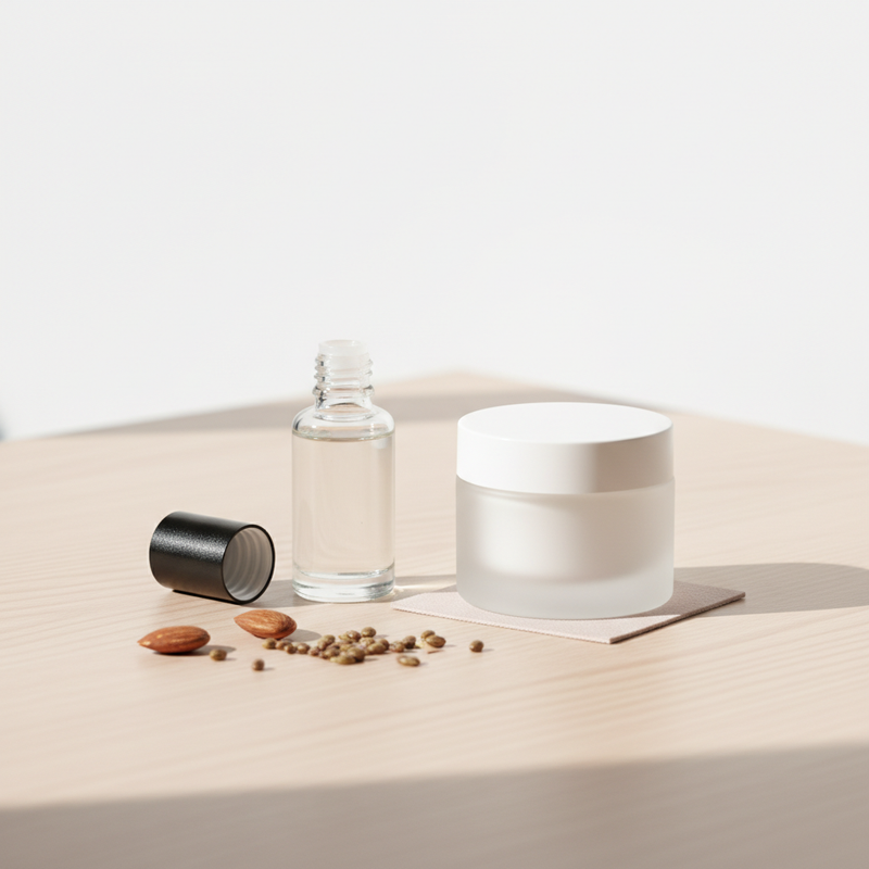 Nahaufnahme von geöffnetem Nagelöl und neutralem NailX-Produktglas auf hellem Holztisch mit Mandel- und Jojobasamen, minimalistische Szene, Fokus auf brüchige Nägel