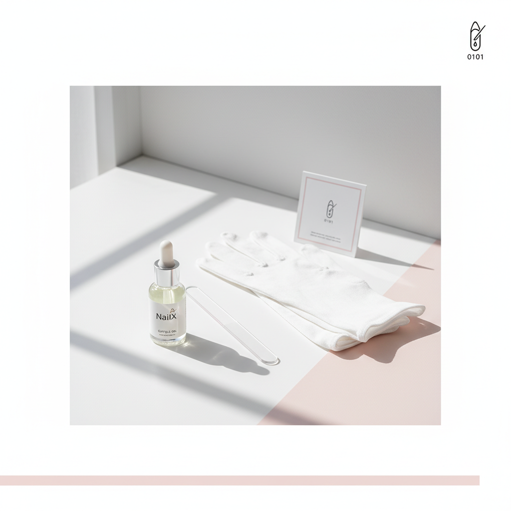 Minimalistische Vanity mit NailX Nagelhautöl, Glasnagelfeile und Baumwollhandschuhen, ästhetisch arrangiert gegen brüchige Nägel.