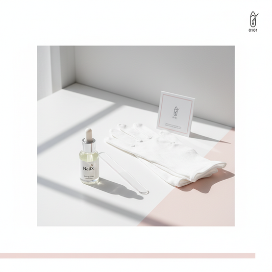 Minimalistische Vanity mit NailX Nagelhautöl, Glasnagelfeile und Baumwollhandschuhen, ästhetisch arrangiert gegen brüchige Nägel.