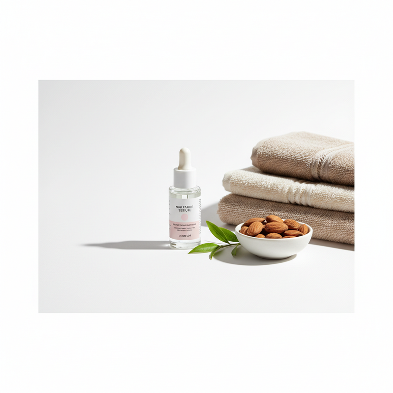 Minimalistisches Full-Frame-Foto: Nagelserum, neutrale Handtücher, Schale mit Mandeln und grüner Zweig auf weißem Hintergrund – Pflege für brüchige Nägel