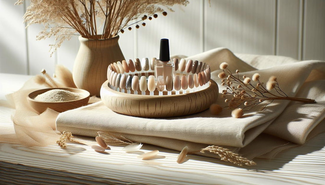 Fächer aus natürlichen Nageltips mit zartem Ölschimmer auf hellem Leinen, Glasflasche Nagelöl mit schwarzem Verschluss und Baumwolltuch – minimalistisch, brüchige Nägel