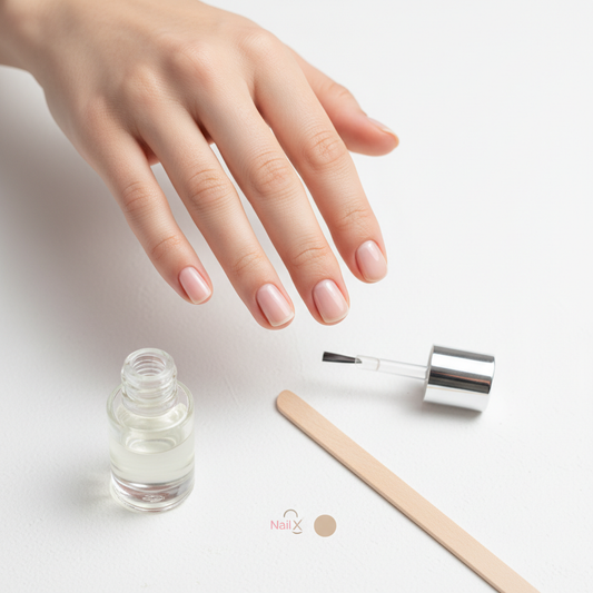 Nahaufnahme einer gepflegten Hand mit Fokus auf Nagelplatte und Nagelhautpflege: offenes Glas Nagelöl und Holzspatel auf hellem Hintergrund – Pflege gegen brüchige Nägel.