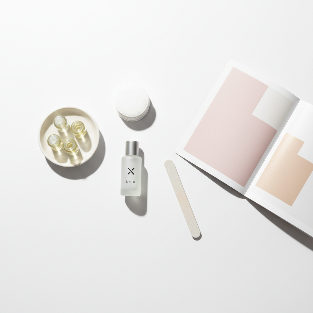 Flatlay-Nahaufnahme minimalistischer Nagelpflege mit Jojoba- und Mandelöl, NailX-Produktfläschchen, Baumwollpads und Nagelfeile — Fokus: brüchige Nägel
