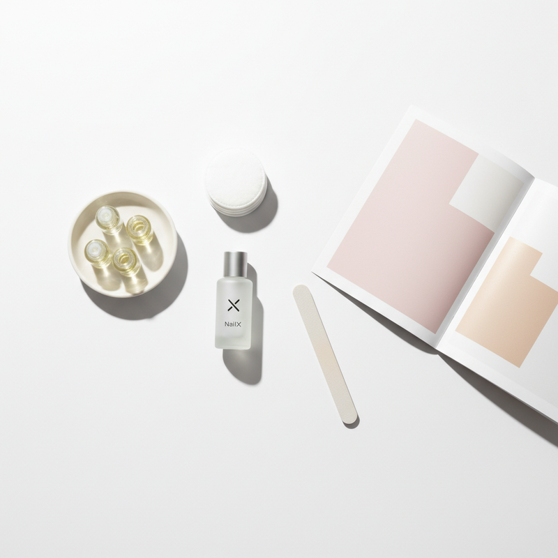 Flatlay-Nahaufnahme minimalistischer Nagelpflege mit Jojoba- und Mandelöl, NailX-Produktfläschchen, Baumwollpads und Nagelfeile — Fokus: brüchige Nägel