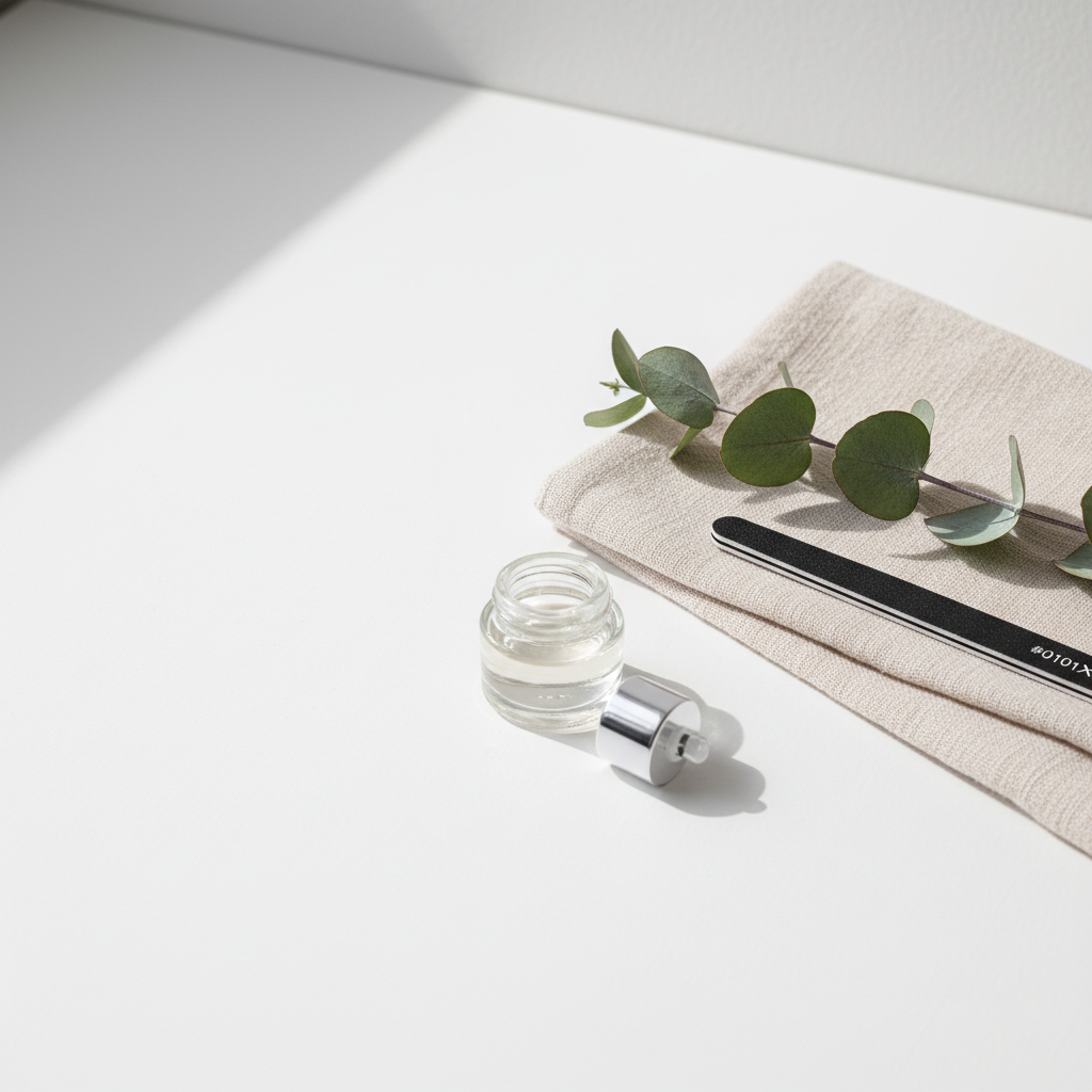 Minimalistisches Vanity-Stilllife mit offenem Nagelhautöl, beigem Handtuch, schwarzer Nagelfeile und Eukalyptus auf weißem Hintergrund – thematisch: brüchige Nägel.